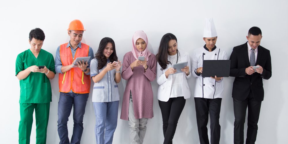 Portrait various professions with modern technology 1000x500